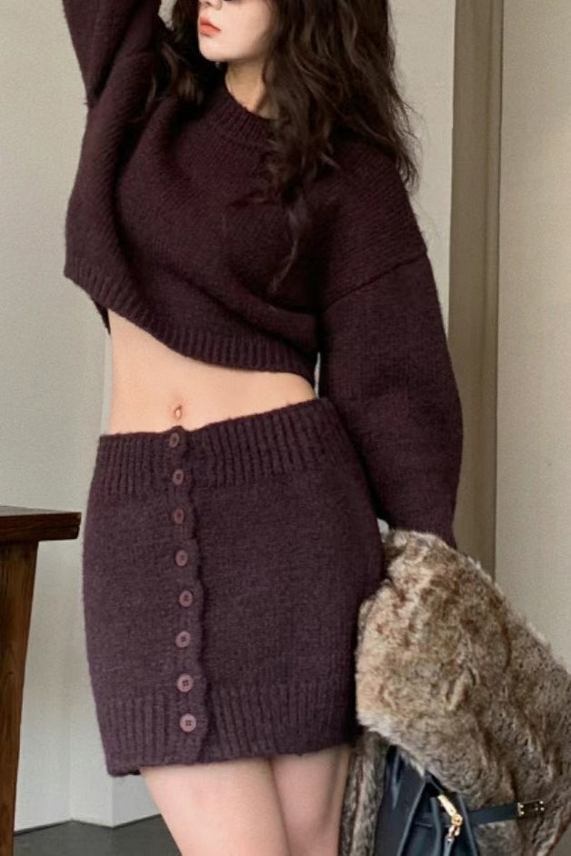Short Fitted Knit Round Neck Slim Two Piece Set