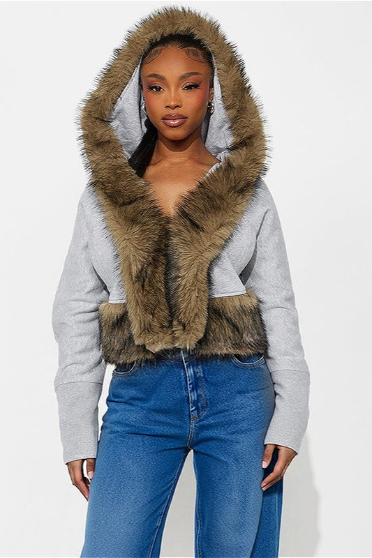 Short Loose Thick Pieced Fur Trim Hoodie