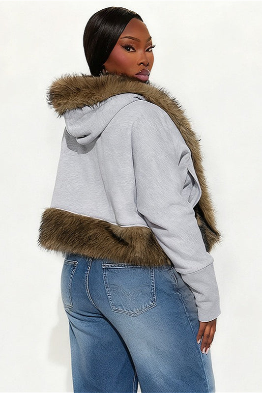 Short Loose Thick Pieced Fur Trim Hoodie
