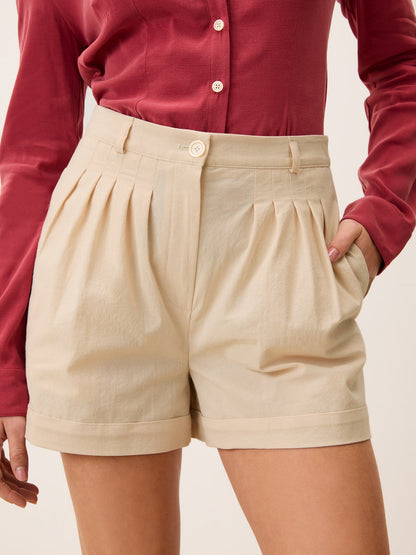 LUCE ecru cotton pleated mini shorts, back view by Rouje