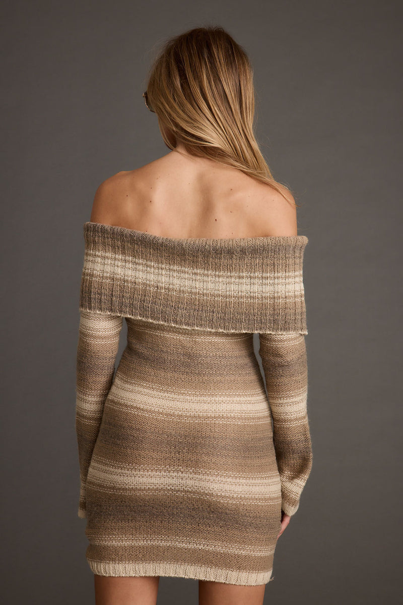 Back view of the brown sweater dress showing the silhouette and fit.