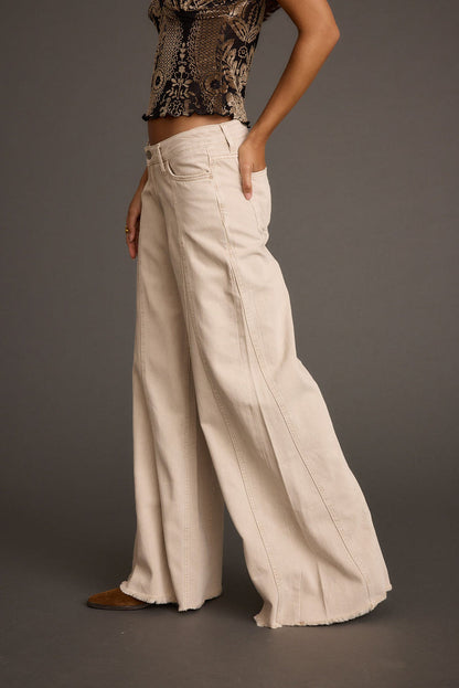 Sierra Beige Low Rise Wide Leg Jean styled in a complete look from an alternate angle.
