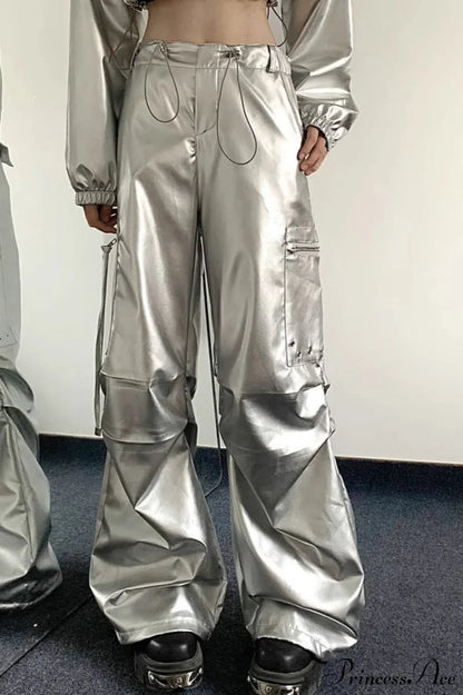 Silver Cuffed High Waist Cargo Pants