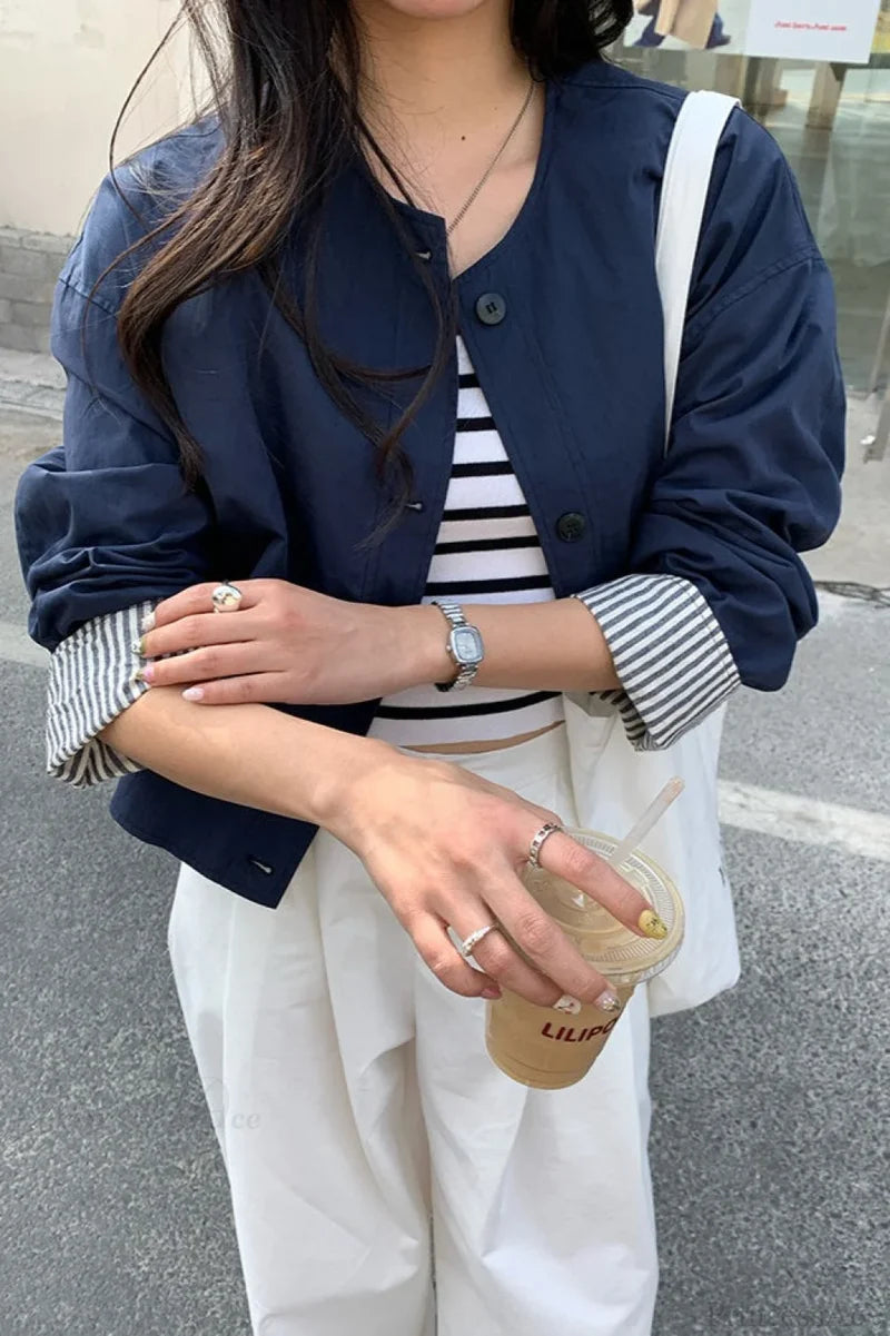 Simple Striped Sleeve Patchwork Casual Jacket Navy blue / one size fits all