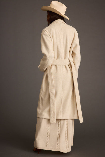 Sinclair Ivory Belted Coat styled in a complete look from an alternate angle.