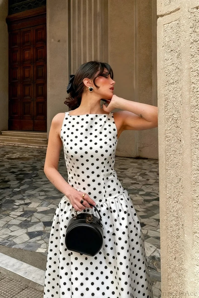 Sleeveless Polka Dot Casual Maxi Dress White / XS