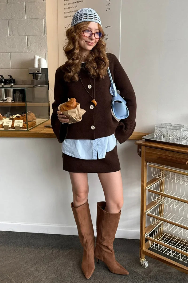 Slim Fit Bell Sleeve Knit Crew Neck Cardigan Brown / S