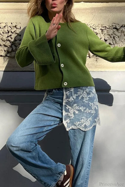 Slim Fit Bell Sleeve Knit Crew Neck Cardigan Green / S
