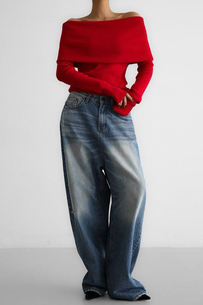 Slim Fit Slit Neck Long Sleeve Knit Top