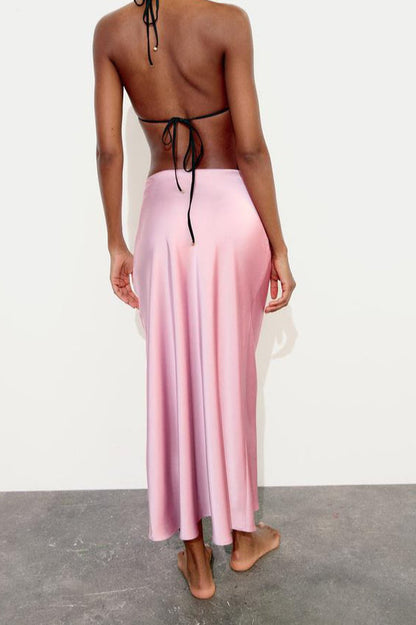 Slim High Waist Satin Texture Straight Midi Skirt