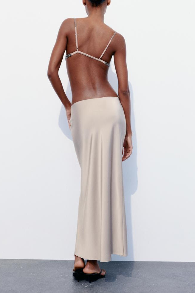 Slim High Waist Satin Texture Straight Midi Skirt