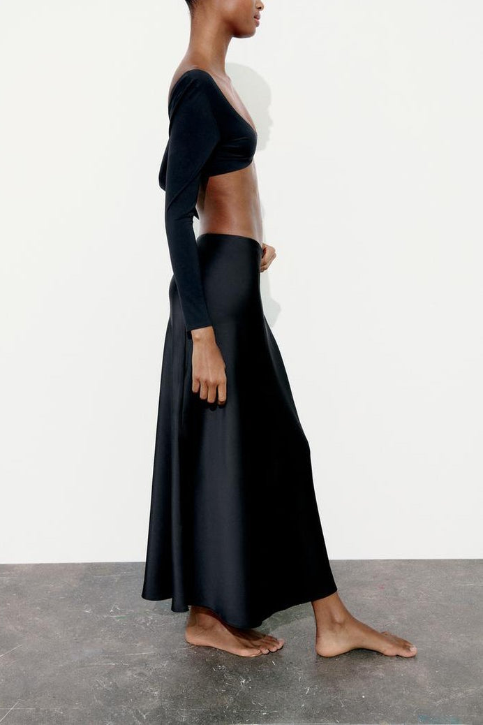 Slim High Waist Satin Texture Straight Midi Skirt