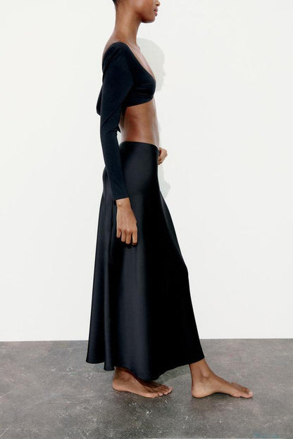 Slim High Waist Satin Texture Straight Midi Skirt