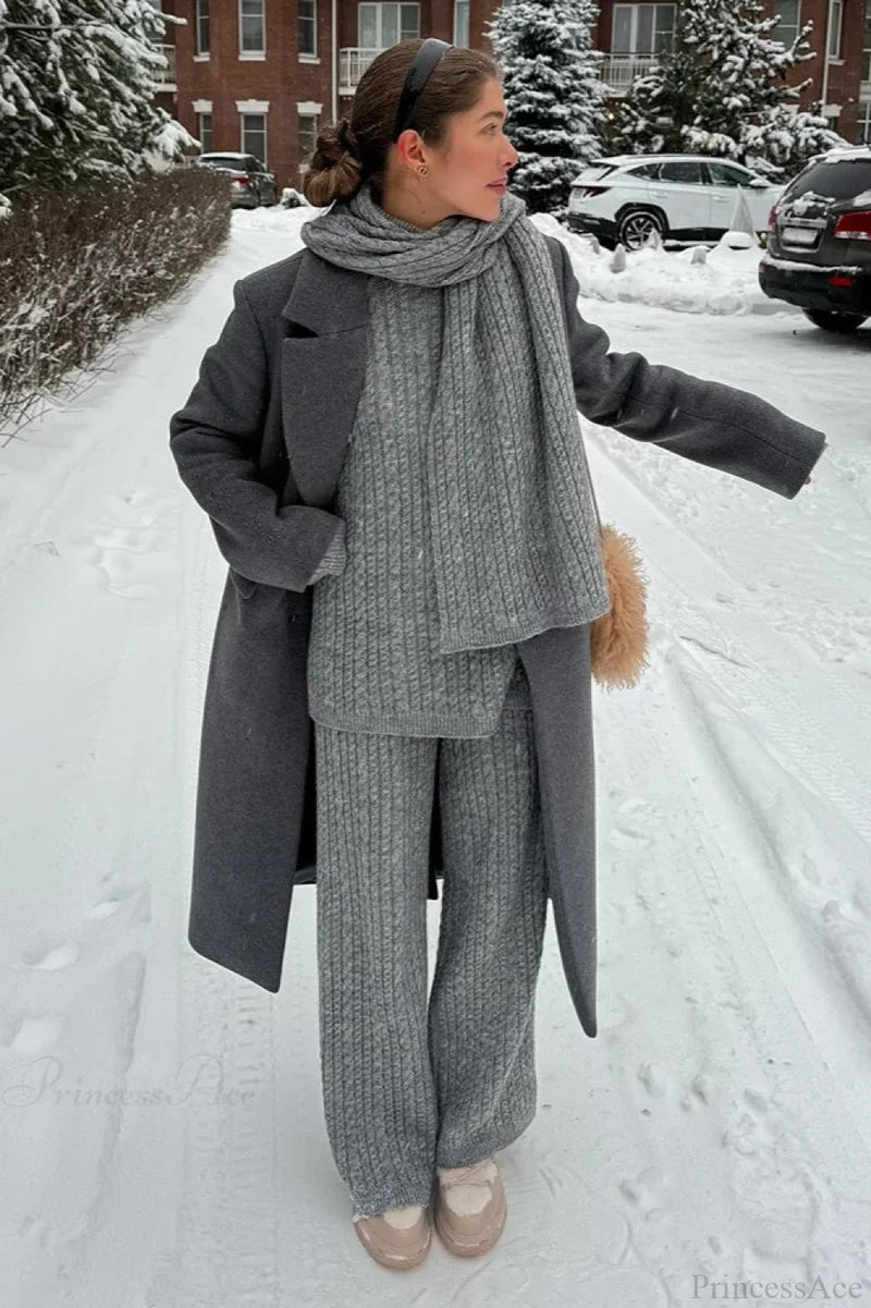 Soft Cable Knit Sweater Pants Two Piece Set Grey / S