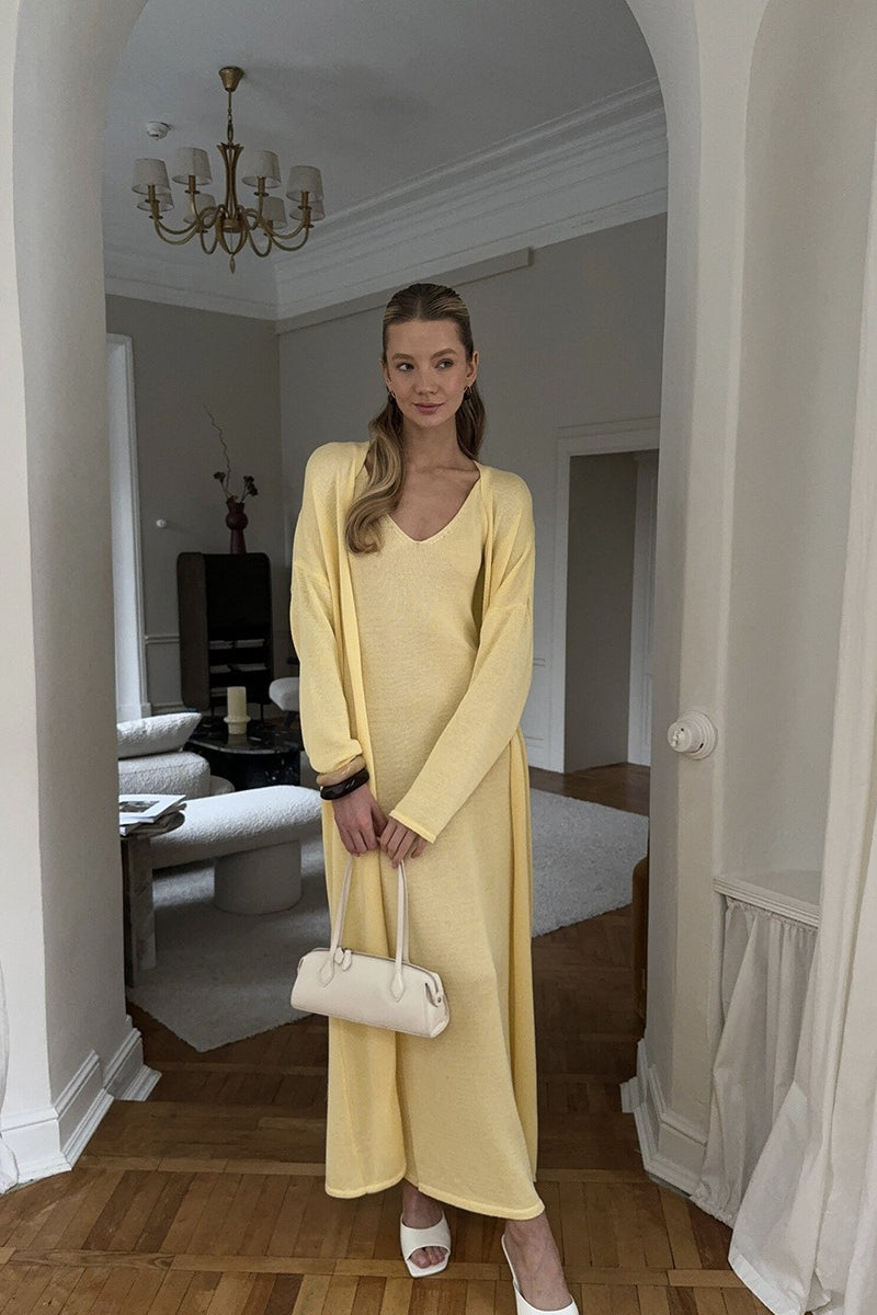 Soft Knit Cutout Tank Dress Long Sleeve Cardigan Two Piece Set