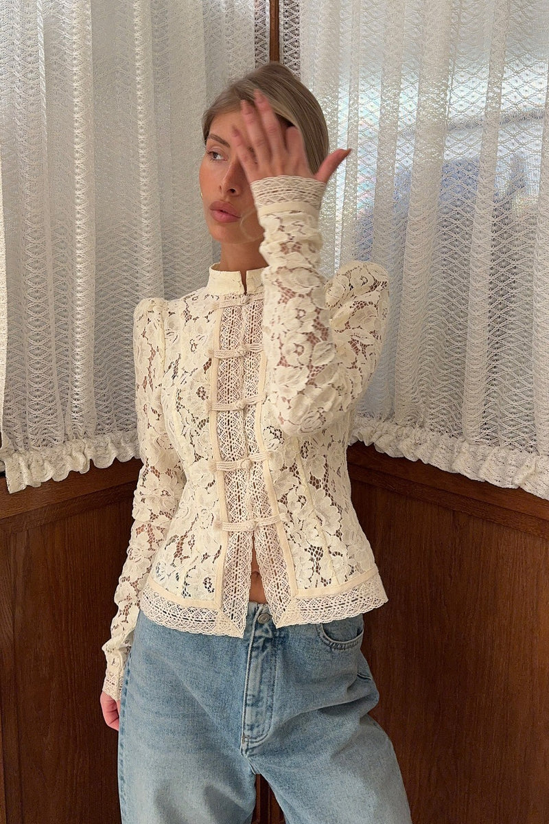 Soft-Style Stand-Collar Frog-Button Lace Cutout Cardigan