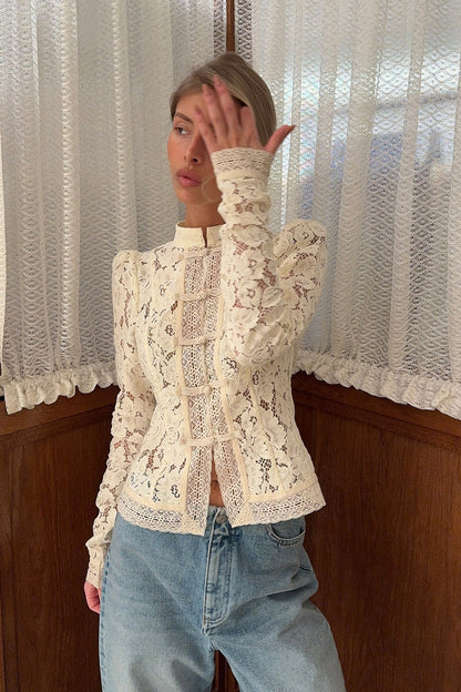 Soft-Style Stand-Collar Frog-Button Lace Cutout Cardigan