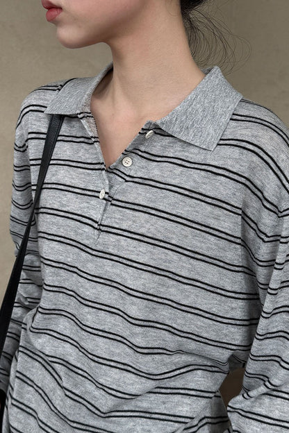 Soft Wool Striped Polo Collar Long Sleeve Long Sleeve Tee