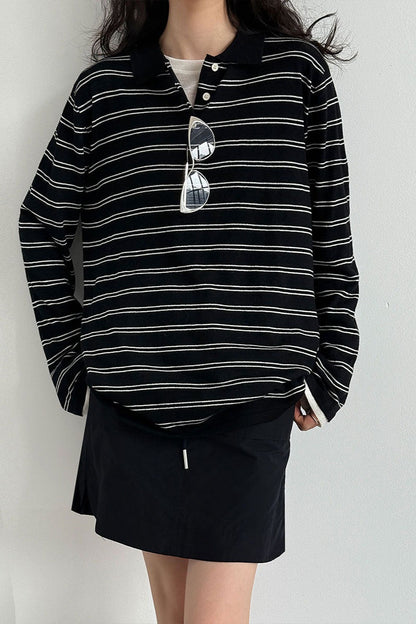 Soft Wool Striped Polo Collar Long Sleeve Long Sleeve Tee
