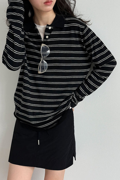 Soft Wool Striped Polo Collar Long Sleeve Long Sleeve Tee