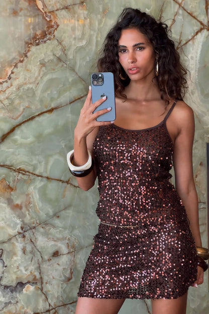 Close-up of the Shop the Look: Solea Sequin Set showcasing the sequin texture and craftsmanship.