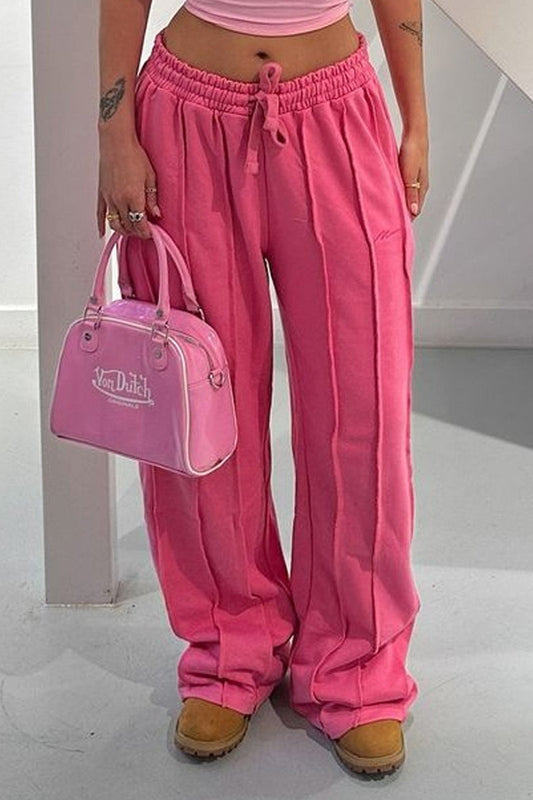 Solid 3D Line Loose Drawstring Pants