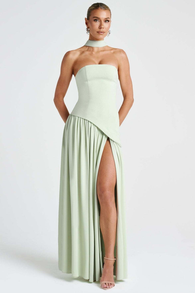 Solid Bustier High Slit Formal Dress