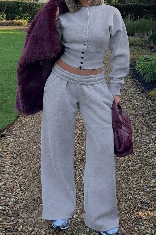 Solid Buttoned Cardigan Chic Casual Two Piece Set