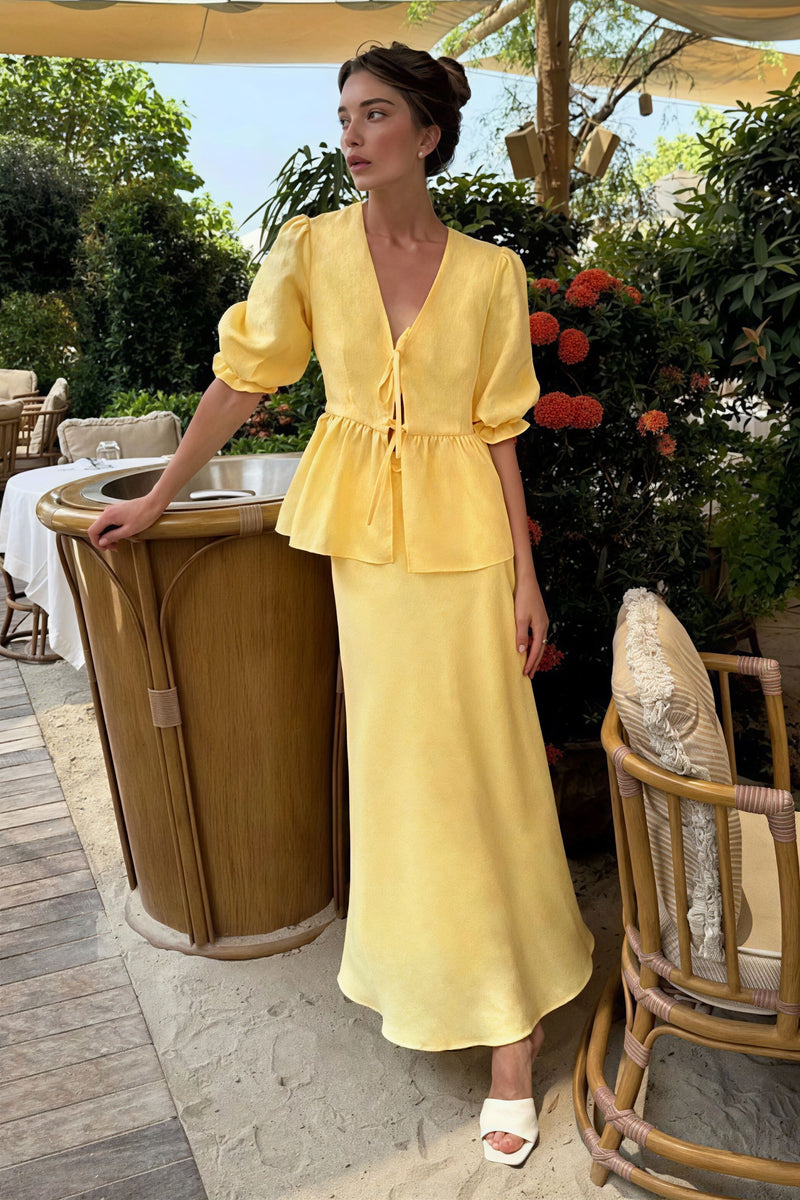 Solid Casual V-Neck Ruffle Short Sleeve Skirt Set