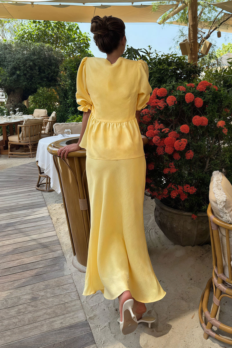 Solid Casual V-Neck Ruffle Short Sleeve Skirt Set
