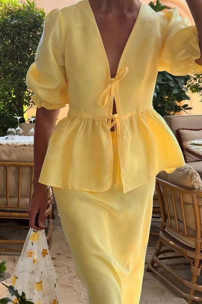 Solid Casual V-Neck Ruffle Short Sleeve Skirt Set