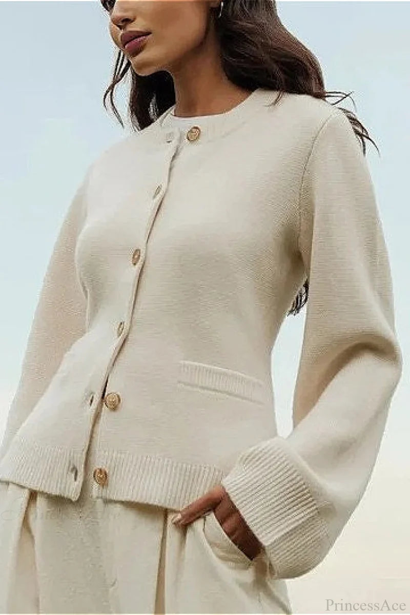 Solid Cinched Waist Elegant Minimal Cardigan Sweater White / S