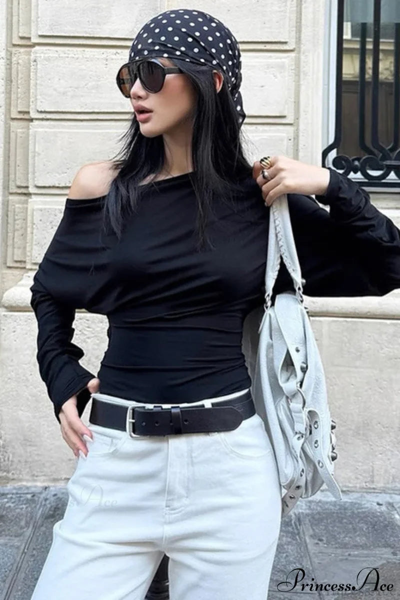 Solid Color Asymmetric Shoulder Cutout Long Sleeve Blouse Black / S