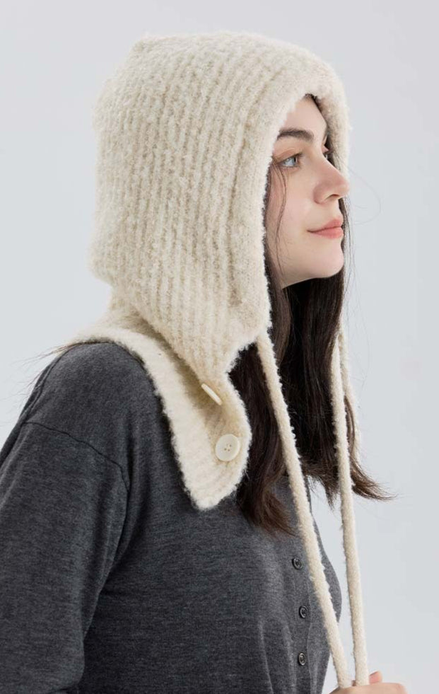 Solid Color Button-Down Balaclava One-Piece Knitted Warm Hat