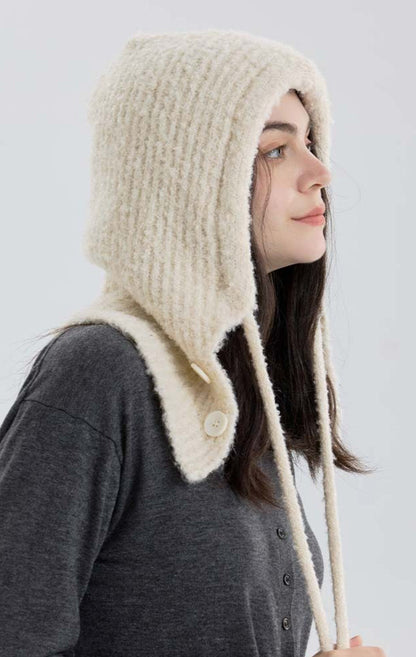 Solid Color Button-Down Balaclava One-Piece Knitted Warm Hat