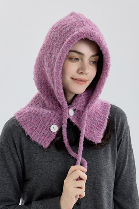 Solid Color Button-Down Balaclava One-Piece Knitted Warm Hat