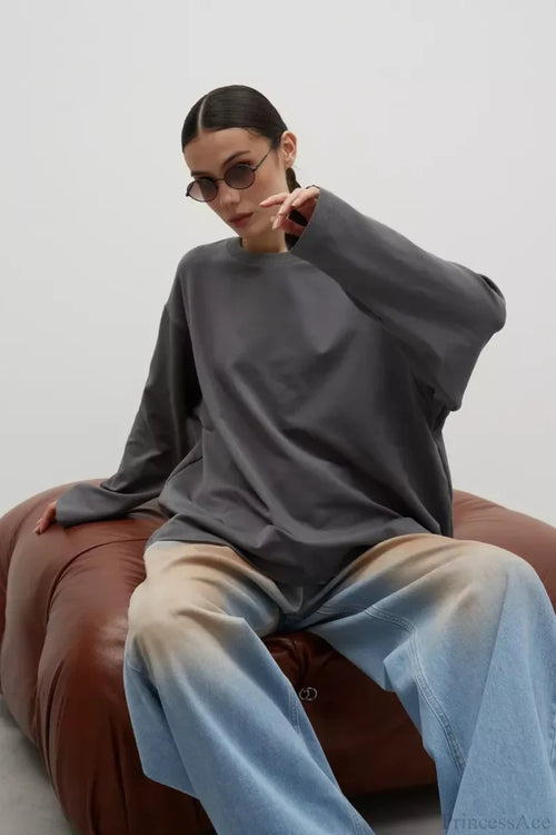 Solid Color Crew Neck Loose Casual Long Sleeve Tee Dark gray / S