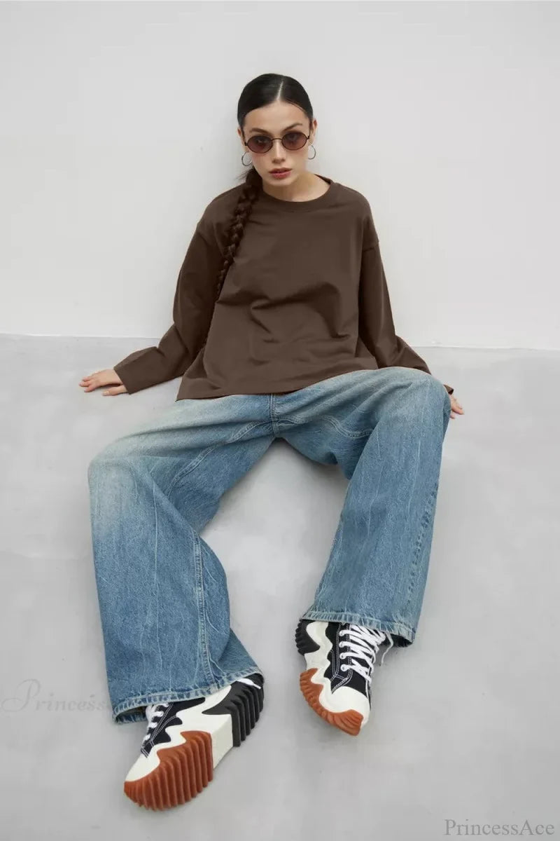 Solid Color Crew Neck Loose Casual Long Sleeve Tee