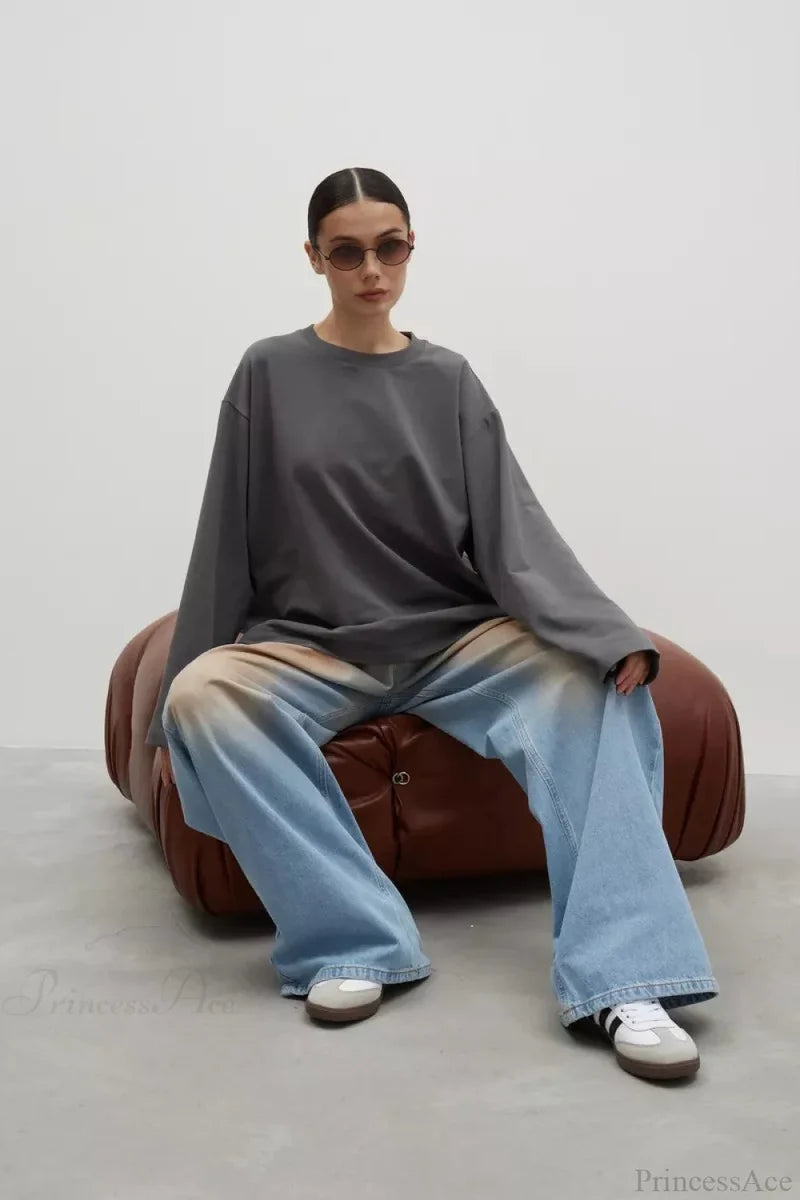 Solid Color Crew Neck Loose Casual Long Sleeve Tee