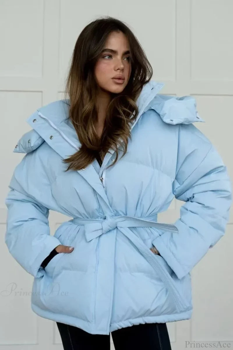 Solid Color Hooded Zippered Thickened Quilted Coat Blue / S