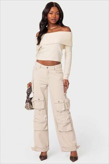 Solid Color Off-Shoulder Boat Neck Long-Sleeve Knit Top