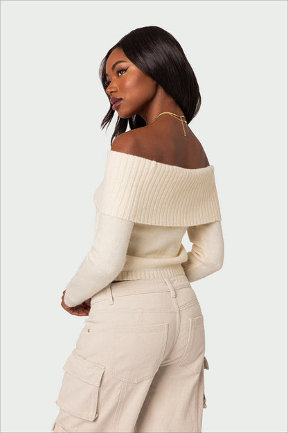 Solid Color Off-Shoulder Boat Neck Long-Sleeve Knit Top
