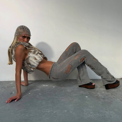 Solid Cutout Distressed Slim Edgy Pants