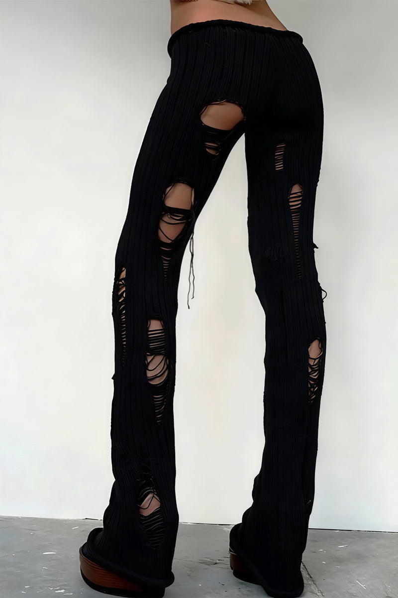 Solid Cutout Distressed Slim Edgy Pants