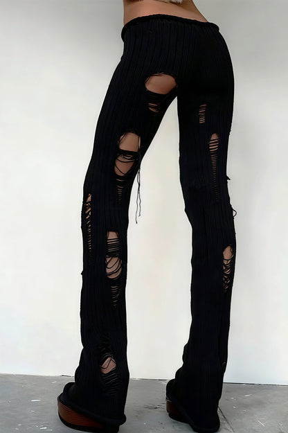 Solid Cutout Distressed Slim Edgy Pants