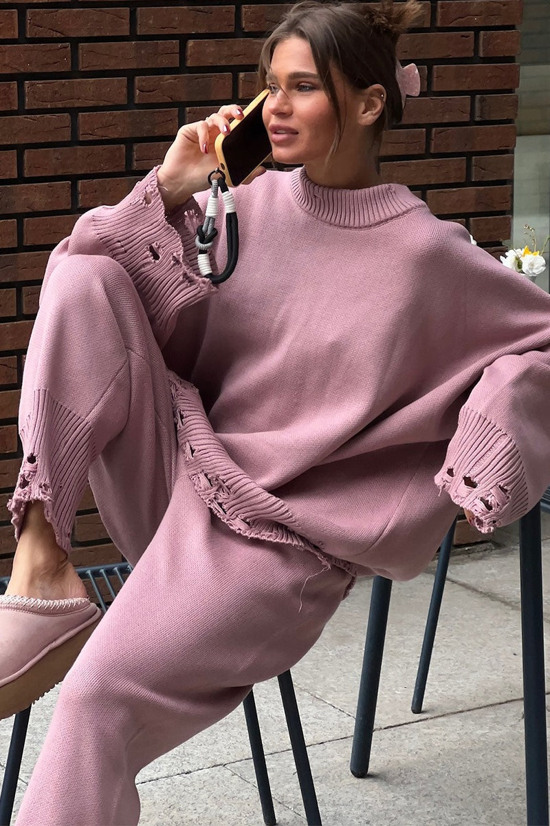 Solid Distressed Knit Crew Neck Sweater Two Piece Set