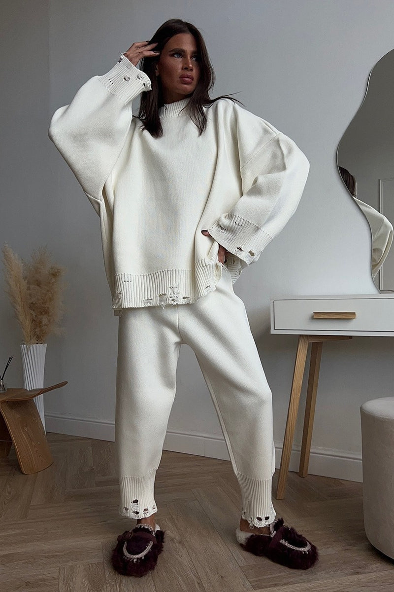 Solid Distressed Knit Crew Neck Sweater Two Piece Set