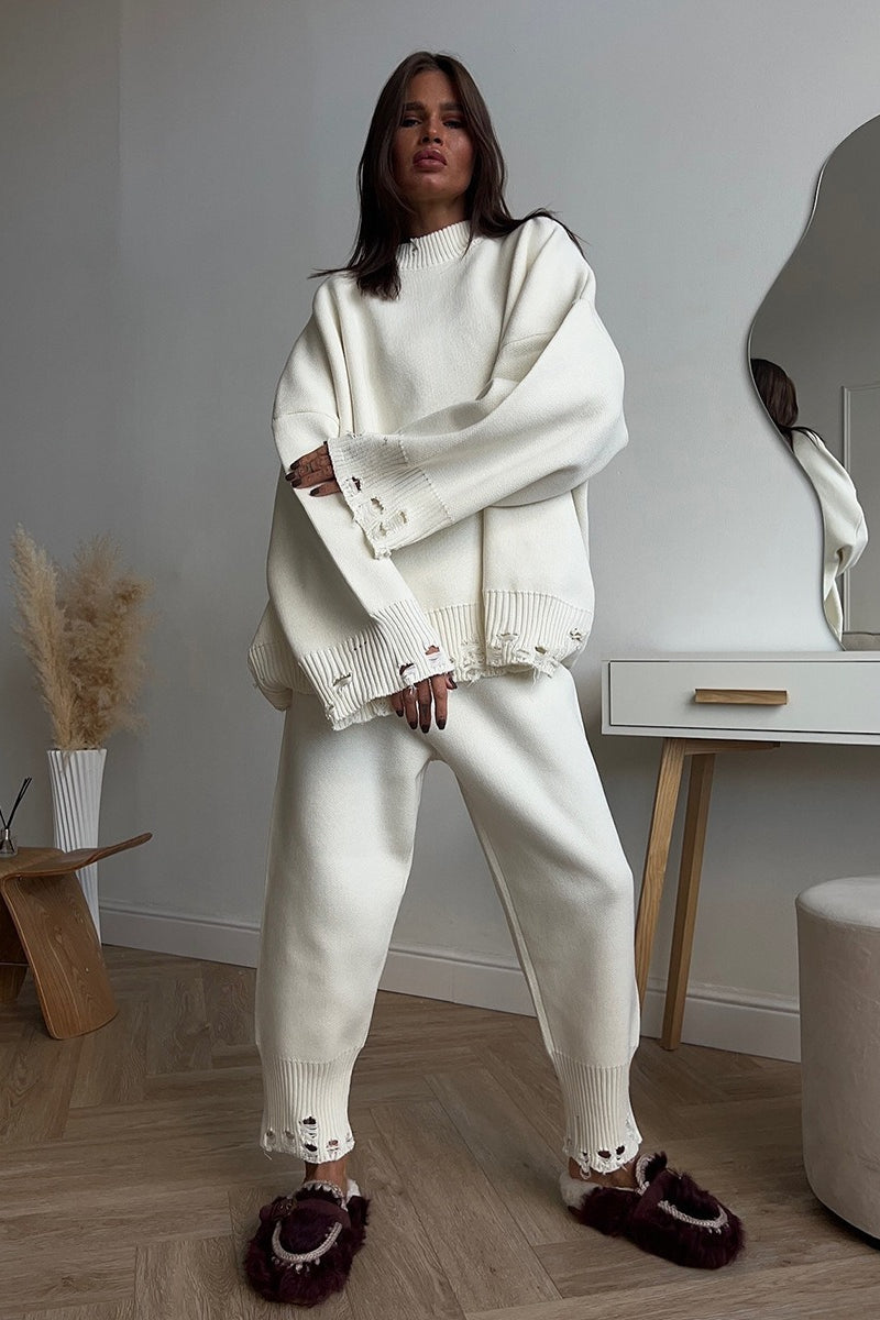 Solid Distressed Knit Crew Neck Sweater Two Piece Set