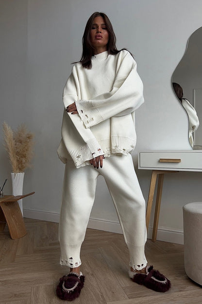 Solid Distressed Knit Crew Neck Sweater Two Piece Set