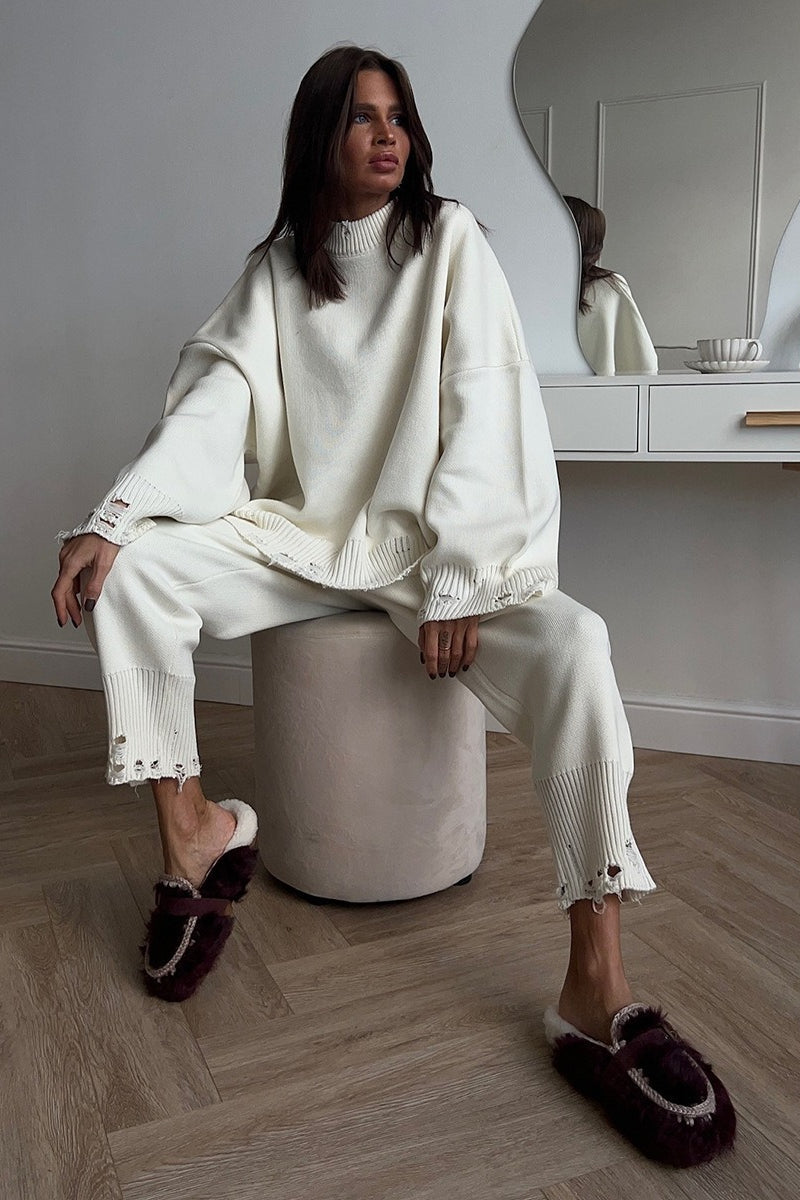 Solid Distressed Knit Crew Neck Sweater Two Piece Set